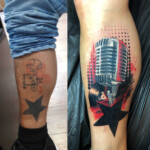 CNX Tattoo Mikrofon Trash-Polka Cover Up Schwarz Rot Farbklecksen Tattoo Arm von CNX Tattoo Berlin Prenzlauer Berg