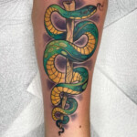 cnx tattoo Asklepiosstab Schlangenstab Heilkunde Tattoo Neotraditional farbig Unterarm von CNX Tattoo Berlin Prenzlauer Berg