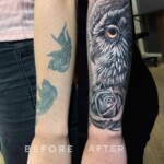 cnx tattoo Eule Rose Cover Up Tattoo vorher-nachher realistisch von CNX Tattoo Berlin Prenzlauer Berg