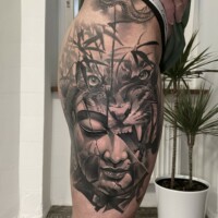 Buddha Tiger Tattoo Realistic Oberschenkel von CNX Tattoo Berlin Prenzlauer Berg